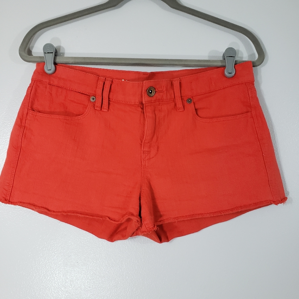 MADEWELL solid red denim mid rise raw edge hem casual cotton summer shorts